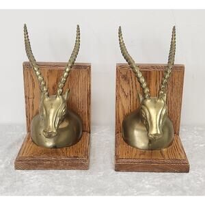 Hollywood Regency Gazelle Dolbi-Cashier Style Solid Brass w wood Bookends- Pair
